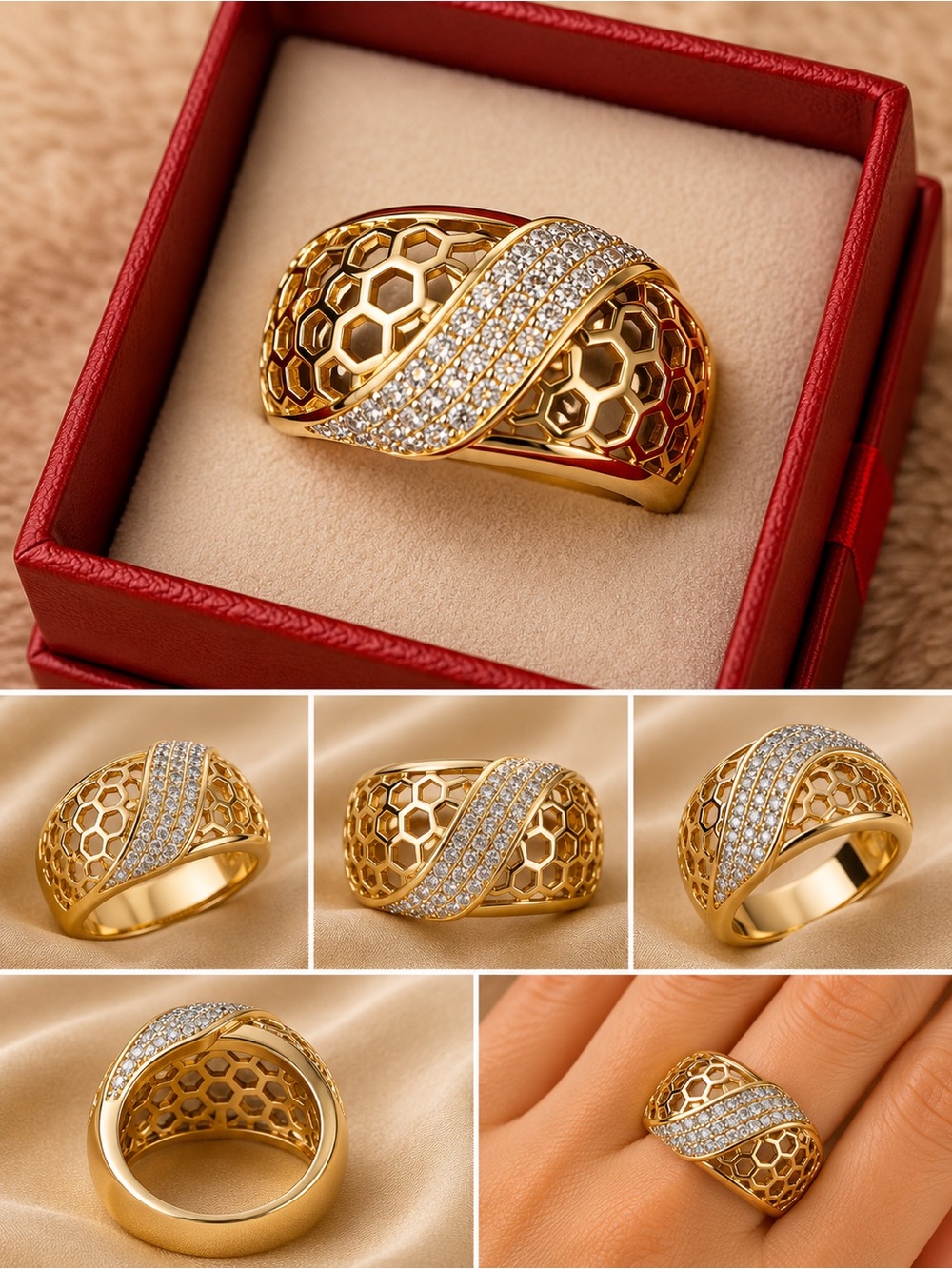 Gold Honeycomb Pavé Wave Ring - Women Jewelry